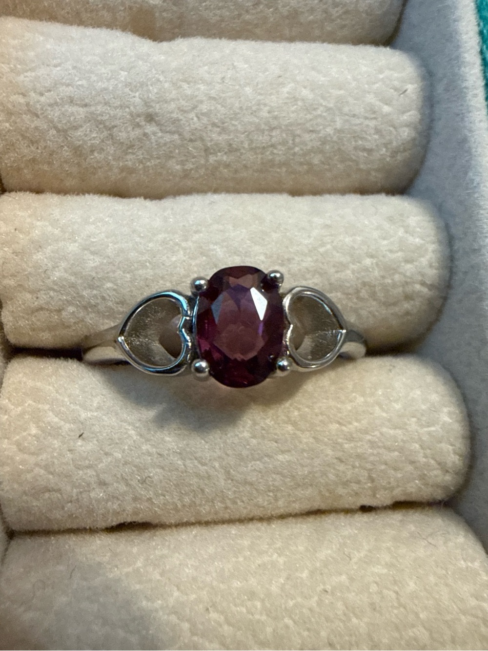 Sterling Silver Heart Ring with Deep Red Oval Gem